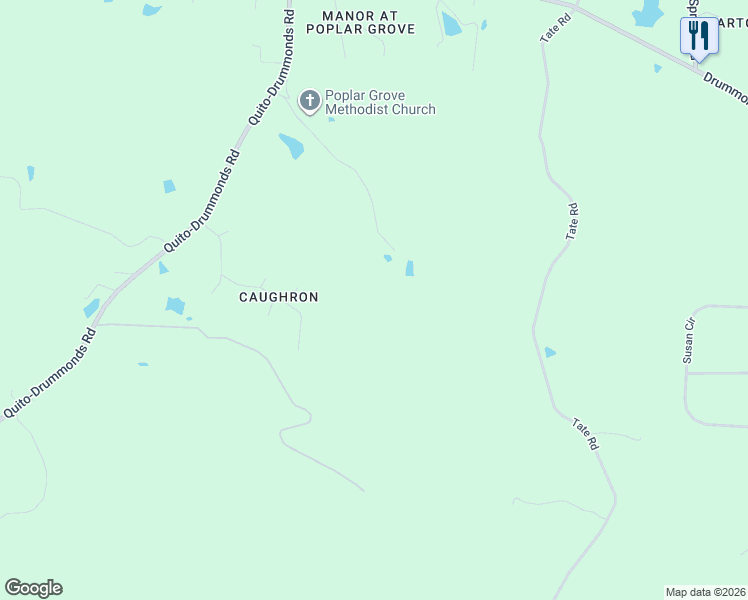 map of restaurants, bars, coffee shops, grocery stores, and more near 447 Dillard Road in Drummonds