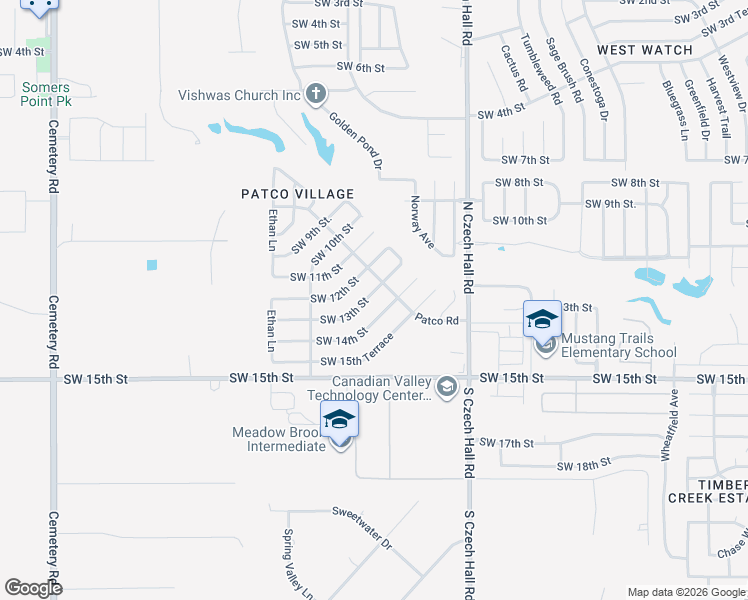 map of restaurants, bars, coffee shops, grocery stores, and more near 12305 Southwest 14th Street in Yukon