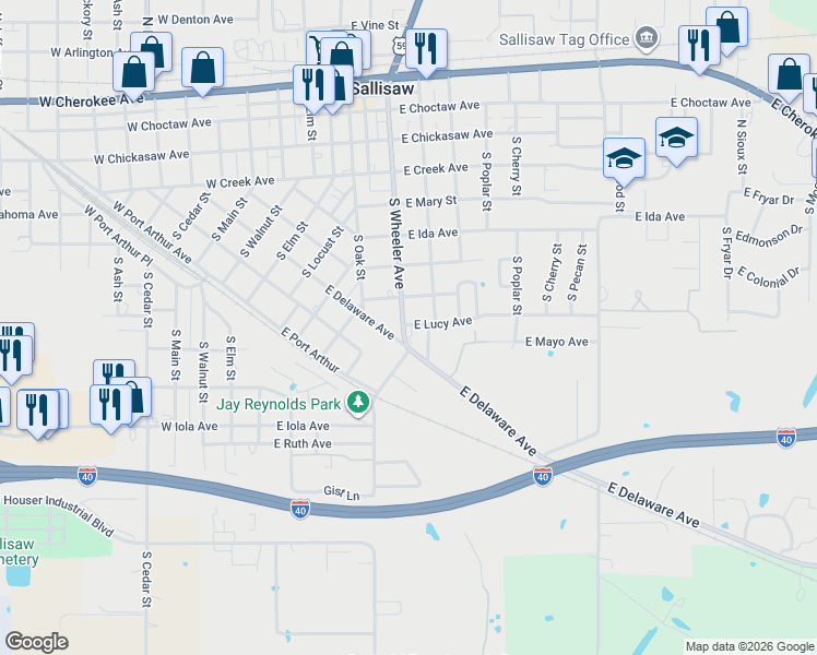 map of restaurants, bars, coffee shops, grocery stores, and more near 710 South Wheeler Avenue in Sallisaw