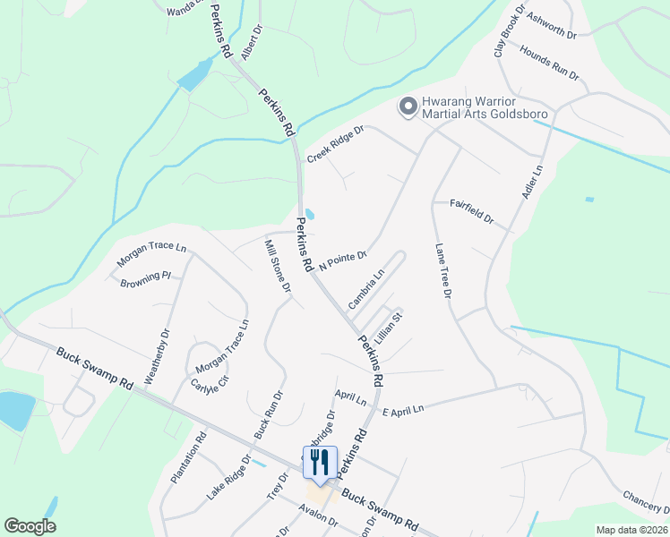 map of restaurants, bars, coffee shops, grocery stores, and more near 102 North Pointe Drive in Goldsboro