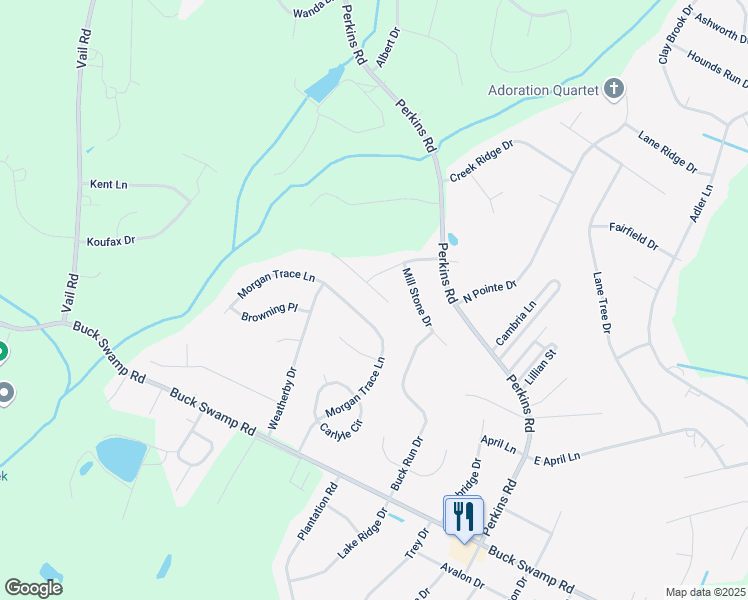 map of restaurants, bars, coffee shops, grocery stores, and more near 414 Morgan Trace Lane in Goldsboro