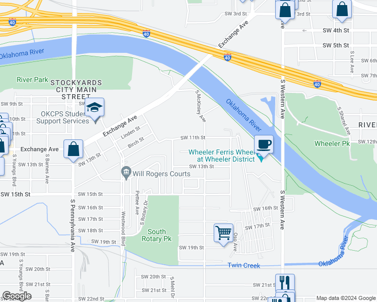 map of restaurants, bars, coffee shops, grocery stores, and more near 1429 Southwest 12th Street in Oklahoma City