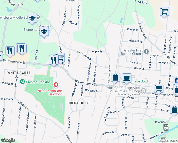 map of restaurants, bars, coffee shops, grocery stores, and more near 218 West End Avenue North in Lewisburg