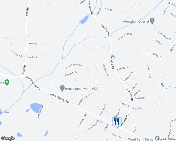 map of restaurants, bars, coffee shops, grocery stores, and more near 419 Morgan Trace Lane in Goldsboro