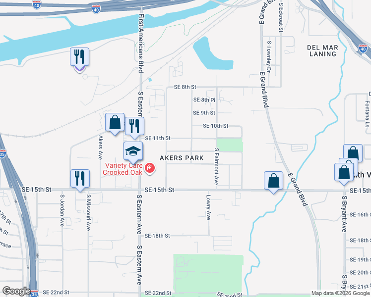 map of restaurants, bars, coffee shops, grocery stores, and more near 2115 Southeast 12th Street in Oklahoma City