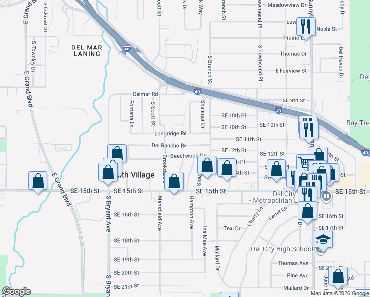 map of restaurants, bars, coffee shops, grocery stores, and more near 3232 Del Rancho Road in Del City