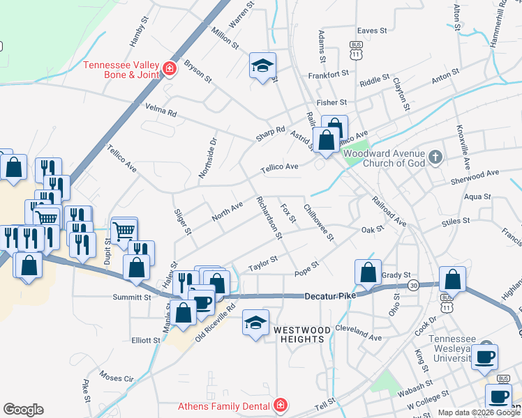 map of restaurants, bars, coffee shops, grocery stores, and more near 610 Haley Street in Athens