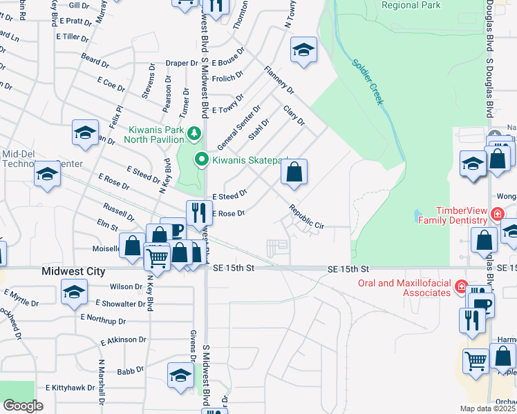 map of restaurants, bars, coffee shops, grocery stores, and more near 748 East Rose Drive in Midwest City
