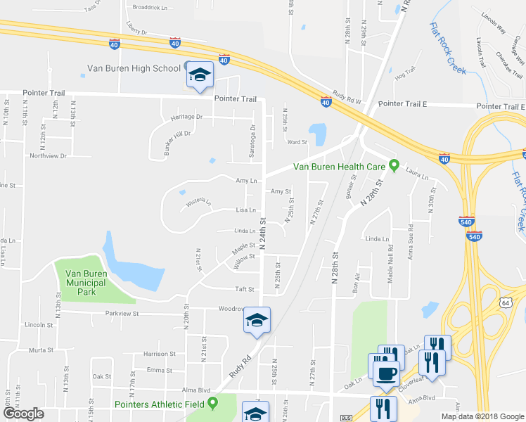 map of restaurants, bars, coffee shops, grocery stores, and more near 1307 North 24th Street in Van Buren
