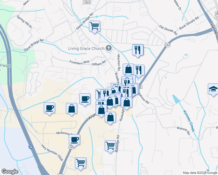 map of restaurants, bars, coffee shops, grocery stores, and more near 39 Bradley Branch Road in Arden