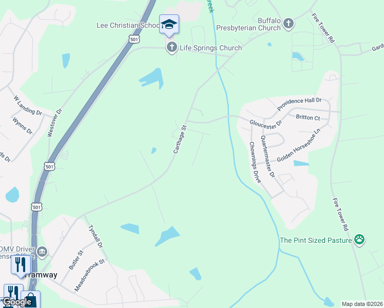 map of restaurants, bars, coffee shops, grocery stores, and more near 1801 Carthage Street in Sanford