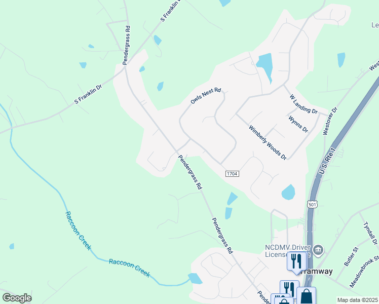 map of restaurants, bars, coffee shops, grocery stores, and more near 1505 Pendergrass Road in Sanford