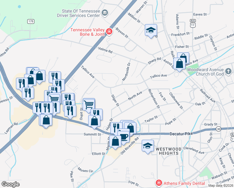 map of restaurants, bars, coffee shops, grocery stores, and more near 714 Cumberland Avenue in Athens