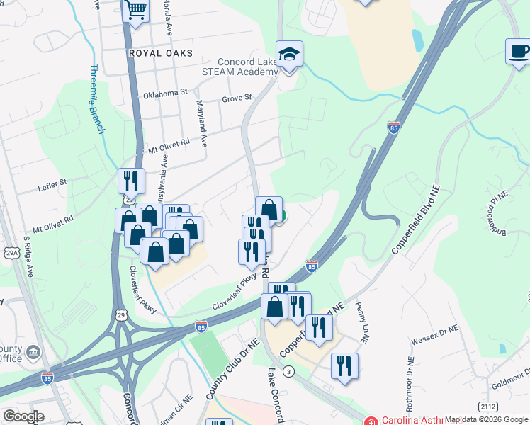 map of restaurants, bars, coffee shops, grocery stores, and more near 2323 Concord Lake Road in Concord