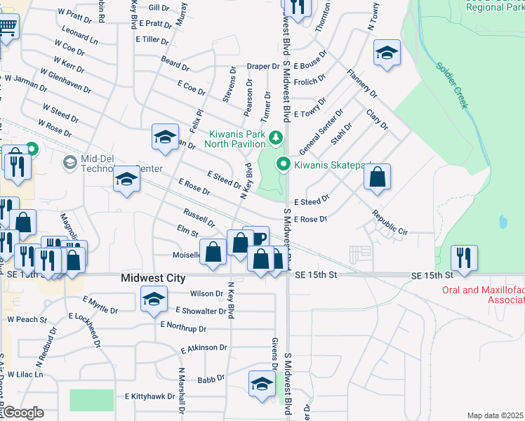 map of restaurants, bars, coffee shops, grocery stores, and more near 516 East Rose Drive in Midwest City