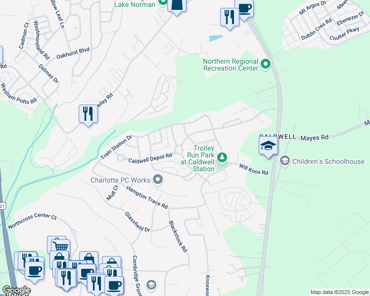 map of restaurants, bars, coffee shops, grocery stores, and more near 17360 Caldwell Rush Circle in Cornelius