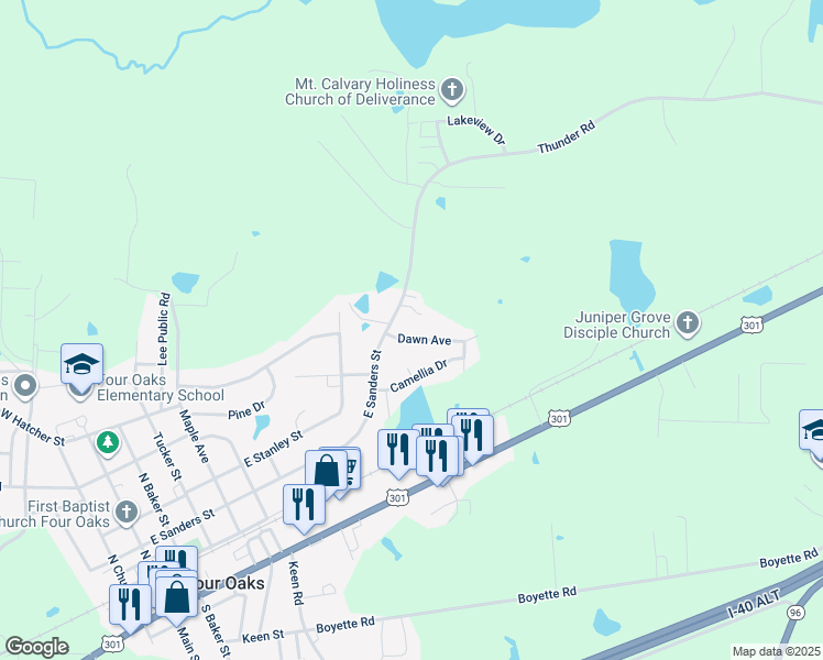 map of restaurants, bars, coffee shops, grocery stores, and more near 30 Dawn Avenue in Four Oaks