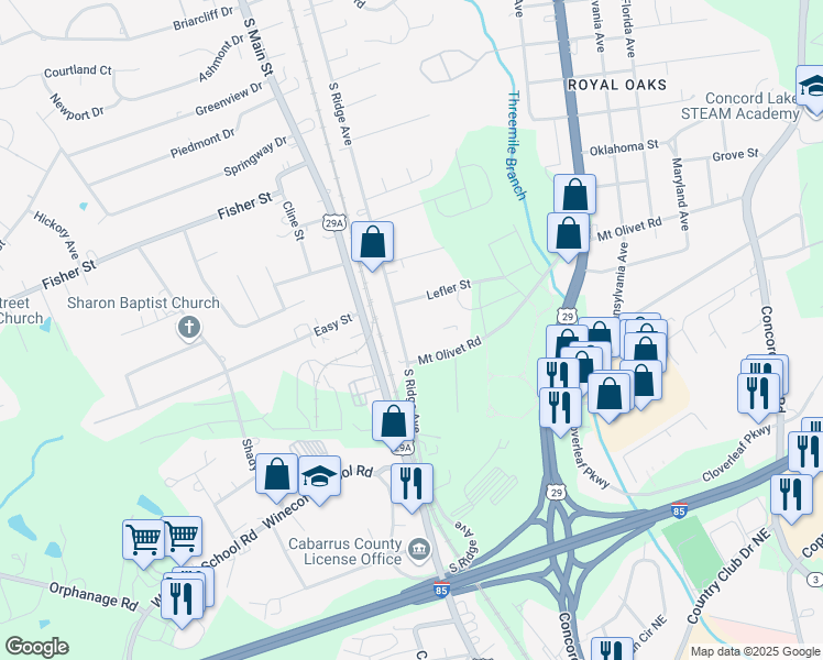 map of restaurants, bars, coffee shops, grocery stores, and more near 2823 South Ridge Avenue in Concord