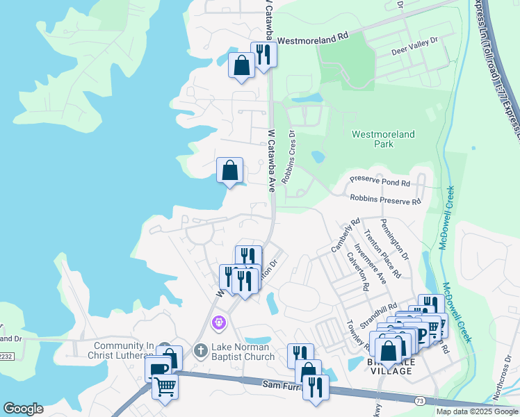 map of restaurants, bars, coffee shops, grocery stores, and more near 17566 Tuscany Lane in Cornelius
