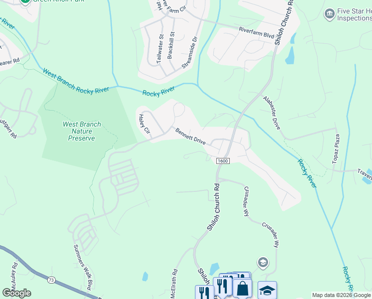map of restaurants, bars, coffee shops, grocery stores, and more near 2843 Shiloh Church Road in Davidson