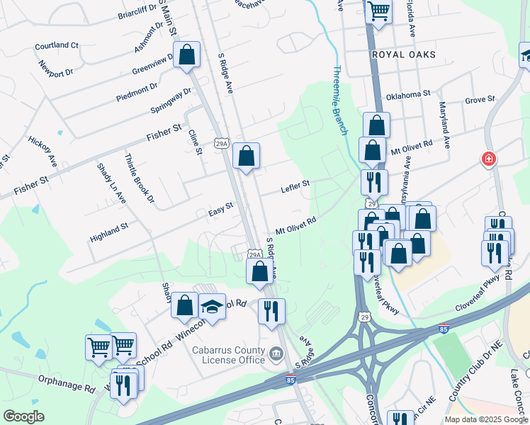 map of restaurants, bars, coffee shops, grocery stores, and more near 2813 South Ridge Avenue in Concord