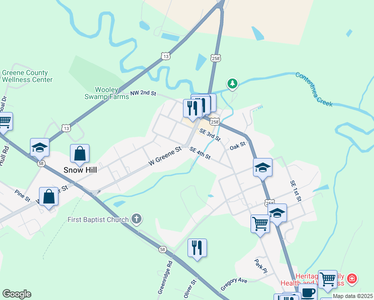 map of restaurants, bars, coffee shops, grocery stores, and more near 101 Southeast 4th Street in Snow Hill