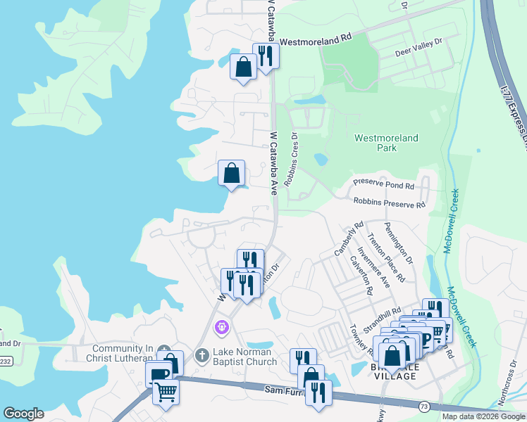 map of restaurants, bars, coffee shops, grocery stores, and more near 17546 Tuscany Lane in Cornelius