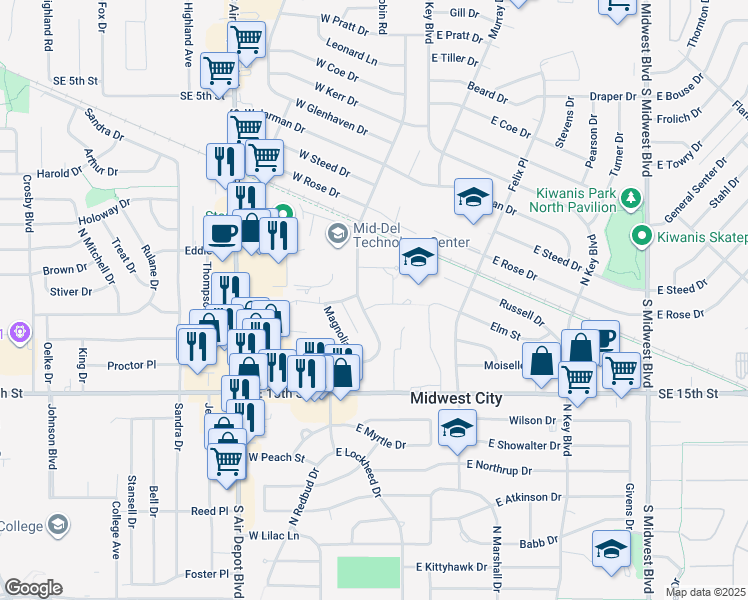 map of restaurants, bars, coffee shops, grocery stores, and more near 205 Elm Street in Midwest City