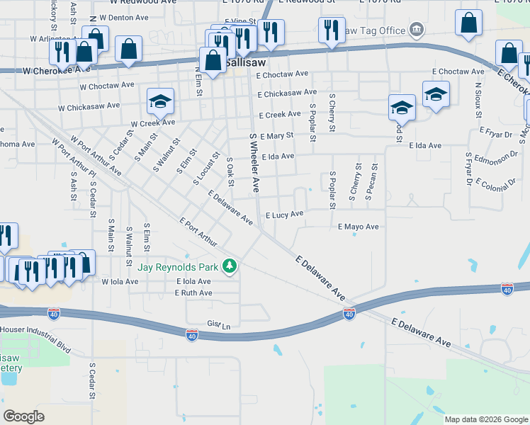 map of restaurants, bars, coffee shops, grocery stores, and more near 710 South Wheeler Avenue in Sallisaw
