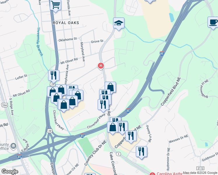 map of restaurants, bars, coffee shops, grocery stores, and more near 2323 Concord Lake Road in Concord