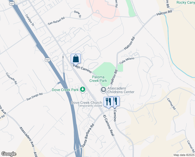 map of restaurants, bars, coffee shops, grocery stores, and more near 11605 Viejo Camino in Atascadero