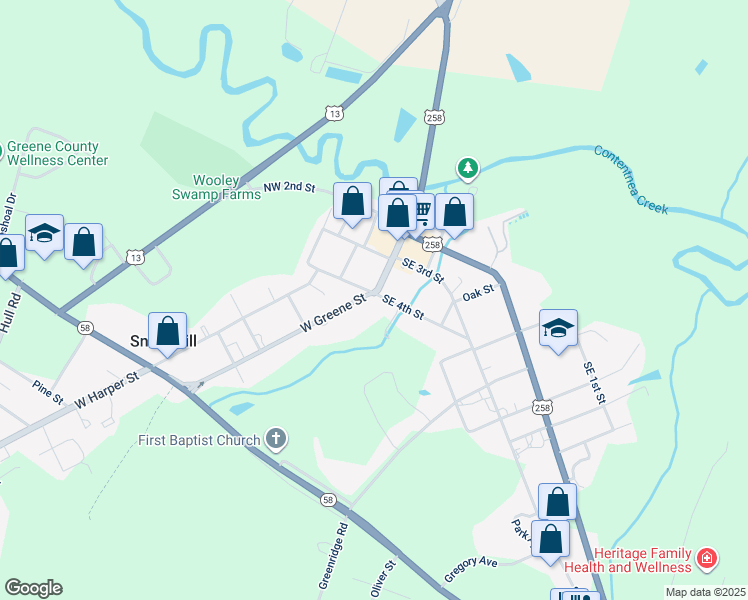 map of restaurants, bars, coffee shops, grocery stores, and more near 101 Southeast 4th Street in Snow Hill