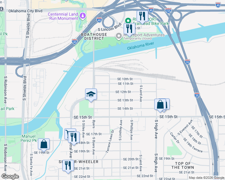 map of restaurants, bars, coffee shops, grocery stores, and more near 605 Southeast 12th Street in Oklahoma City