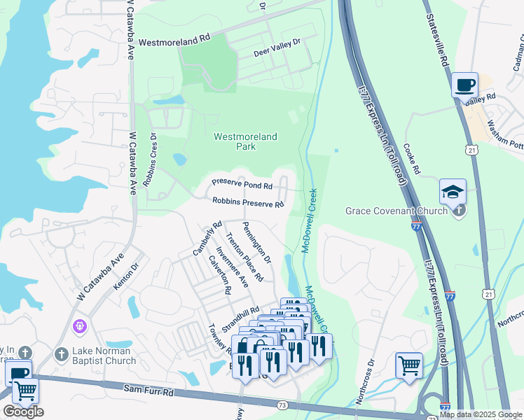 map of restaurants, bars, coffee shops, grocery stores, and more near 17315 Inglewood Lane in Huntersville