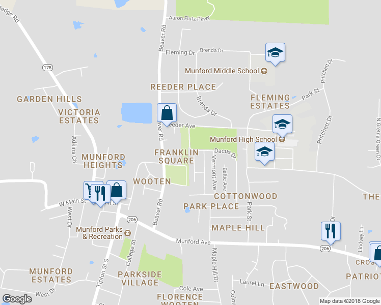 map of restaurants, bars, coffee shops, grocery stores, and more near 11 Stimpson Avenue in Munford