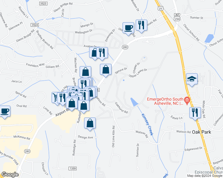 map of restaurants, bars, coffee shops, grocery stores, and more near 15 Spruce Drive in Arden