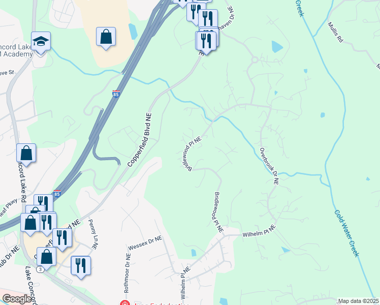 map of restaurants, bars, coffee shops, grocery stores, and more near 64 Bridlewood Place Northeast in Concord