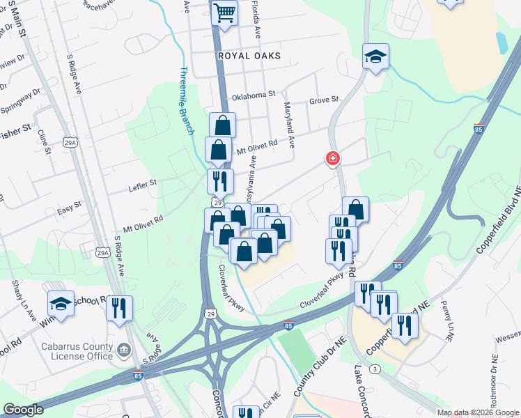 map of restaurants, bars, coffee shops, grocery stores, and more near 3003 Pennsylvania Avenue in Kannapolis