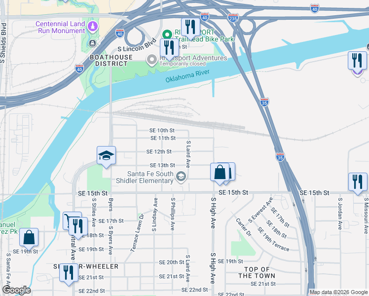 map of restaurants, bars, coffee shops, grocery stores, and more near 746 Southeast 12th Street in Oklahoma City