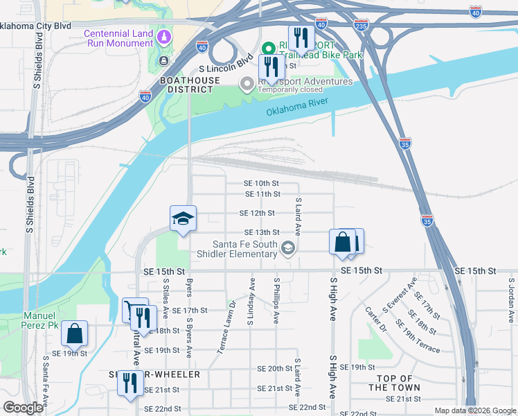 map of restaurants, bars, coffee shops, grocery stores, and more near 628 Southeast 12th Street in Oklahoma City