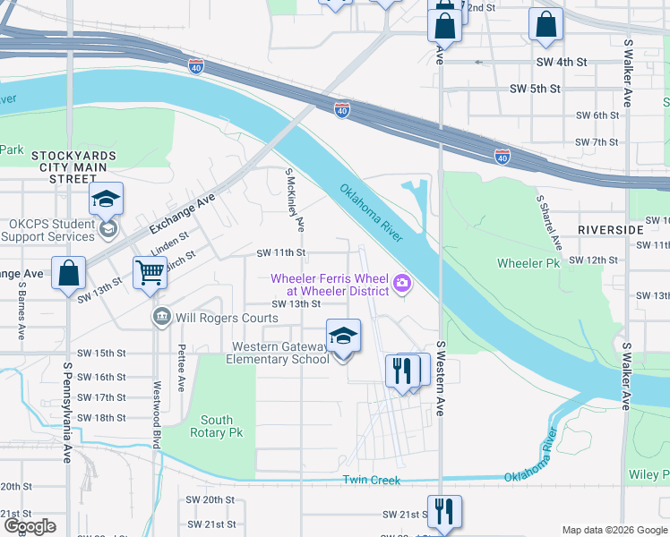 map of restaurants, bars, coffee shops, grocery stores, and more near 1300 Southwest 12th Street in Oklahoma City
