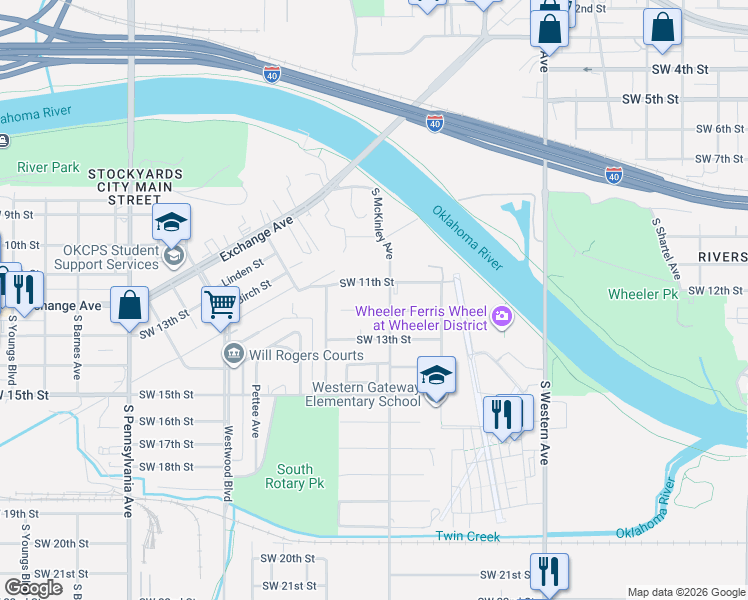 map of restaurants, bars, coffee shops, grocery stores, and more near 1412 Southwest 12th Street in Oklahoma City