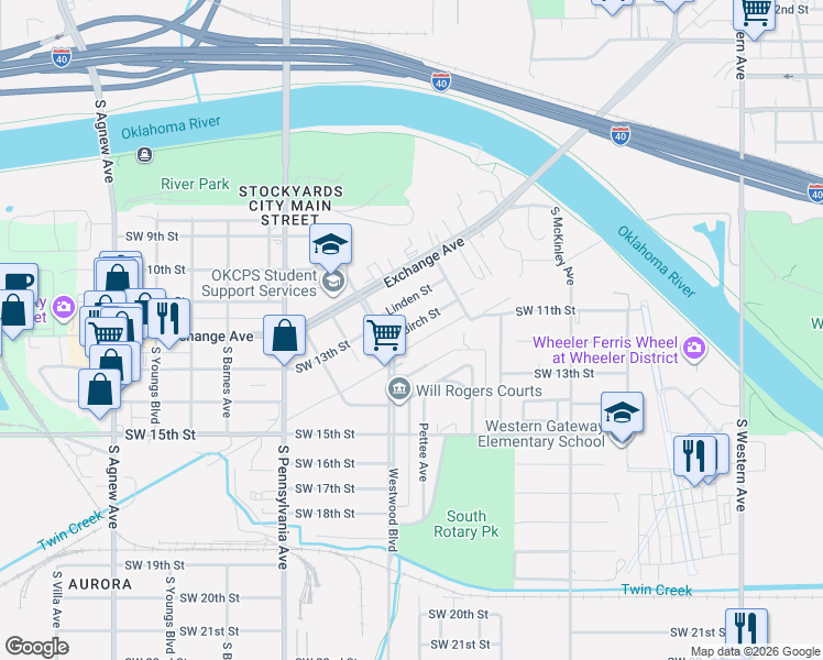 map of restaurants, bars, coffee shops, grocery stores, and more near 1638 Birch Street in Oklahoma City