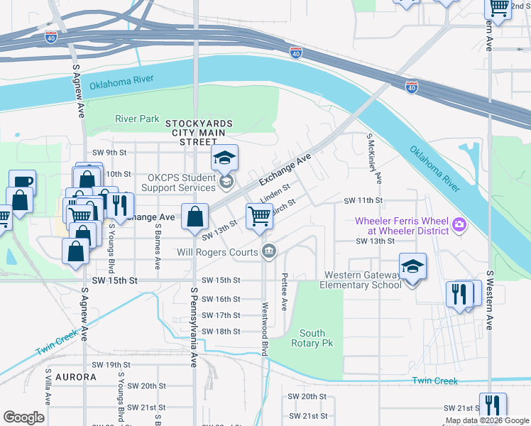 map of restaurants, bars, coffee shops, grocery stores, and more near 1638 Birch Street in Oklahoma City