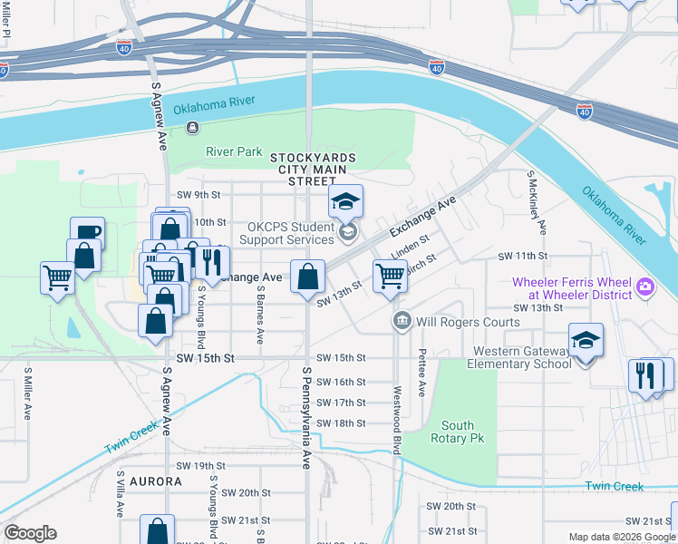 map of restaurants, bars, coffee shops, grocery stores, and more near 1318 South Sulzberger Street in Oklahoma City