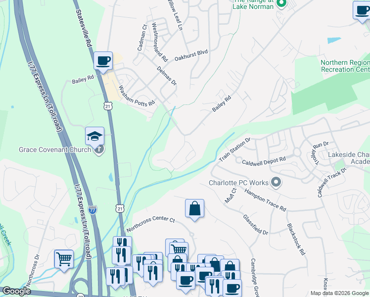map of restaurants, bars, coffee shops, grocery stores, and more near in Cornelius