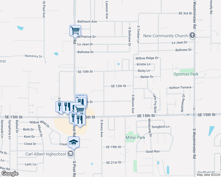 map of restaurants, bars, coffee shops, grocery stores, and more near 1320 South Avery Avenue in Midwest City