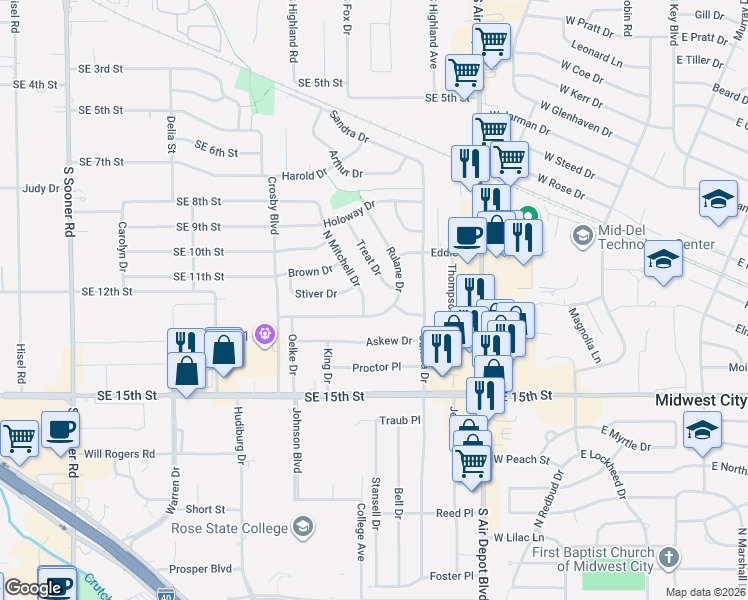 map of restaurants, bars, coffee shops, grocery stores, and more near 801 West Rulane Drive in Midwest City