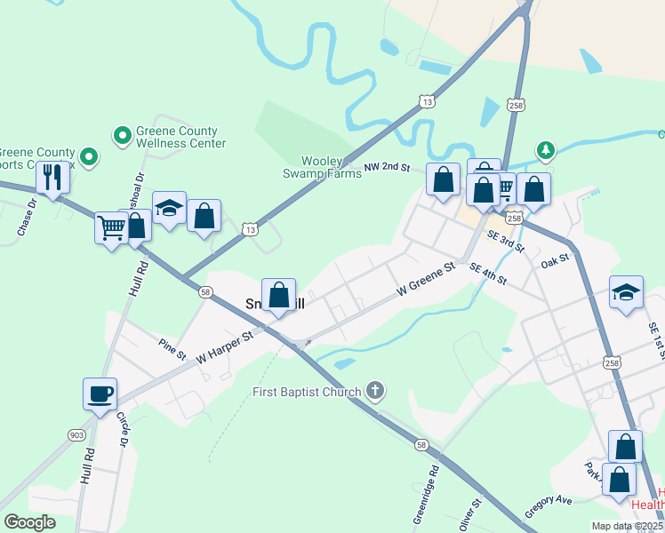 map of restaurants, bars, coffee shops, grocery stores, and more near 206 6th Street in Snow Hill