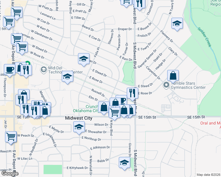 map of restaurants, bars, coffee shops, grocery stores, and more near 1511 North key Boulevard in Midwest City